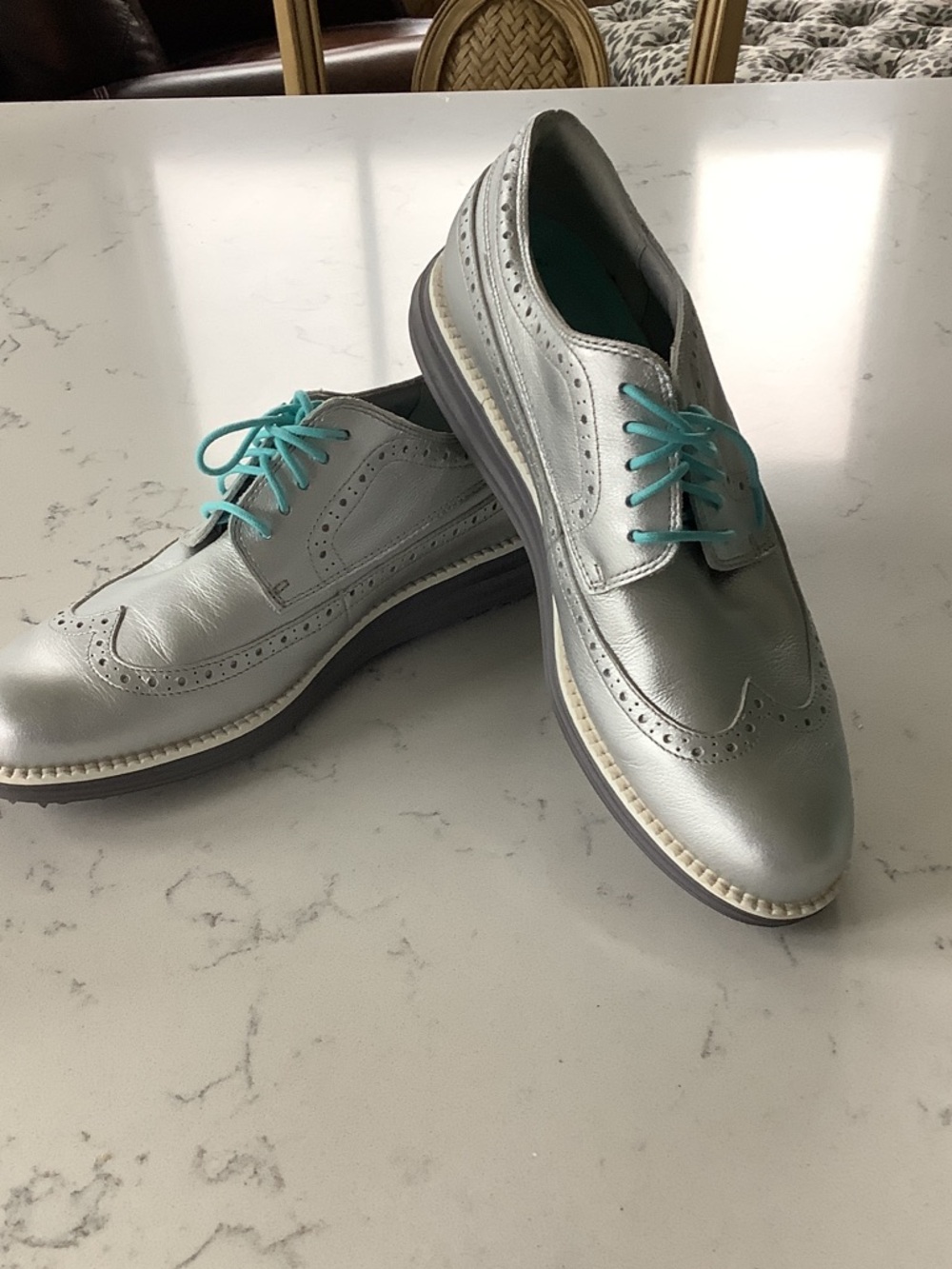 Cole Haan Silver Wingtip Oxfords with Teal Laces